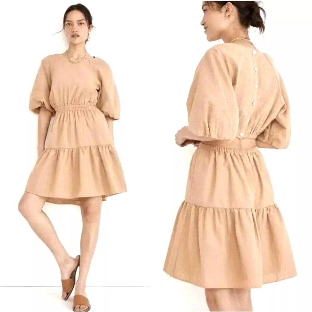Madewell Sz M Seersucker Dress Cut Out Mini Tiered Puff-Sleeve Stretchy Waist